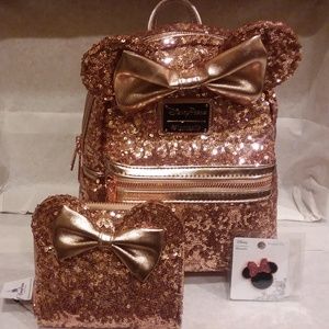 Disney Minnie Mouse Rose Gold Ears Backpack Bundle